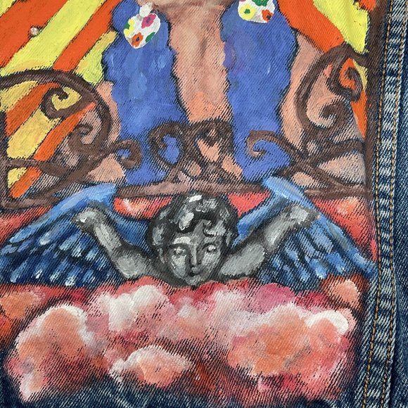 Vintage Hand Painted Denim Jacket Boho Hippie Woman Sun Angel Clouds Wom… - Picture 3 of 11